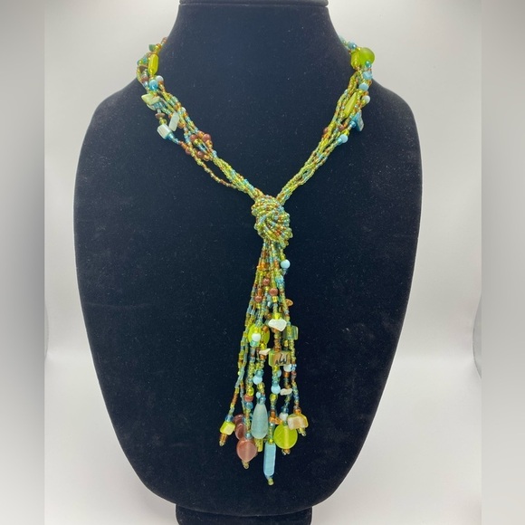 Handmade Jewelry - Artisan multi strand tassel necklace Shades of the ocean beads Mermaidcore